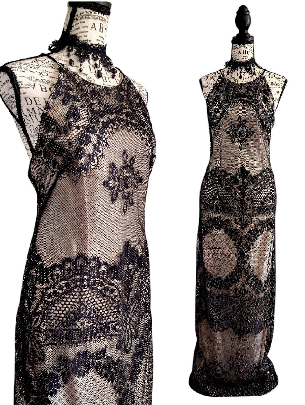 VTG Black Gold Glitter Lace Halter Maxi Slip Dress 9/10 *Medium Y2K 90s Prom